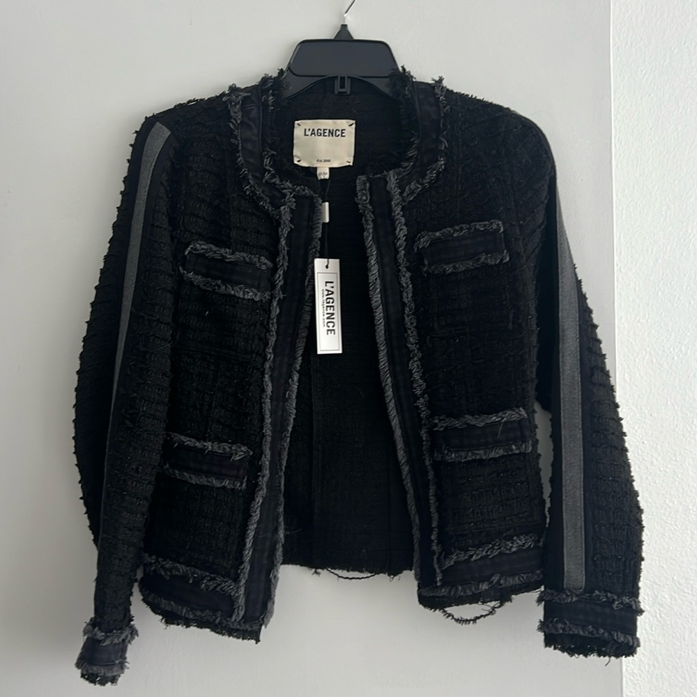 L'Agence Black Anges Tweed and Denim Jacket Blazer